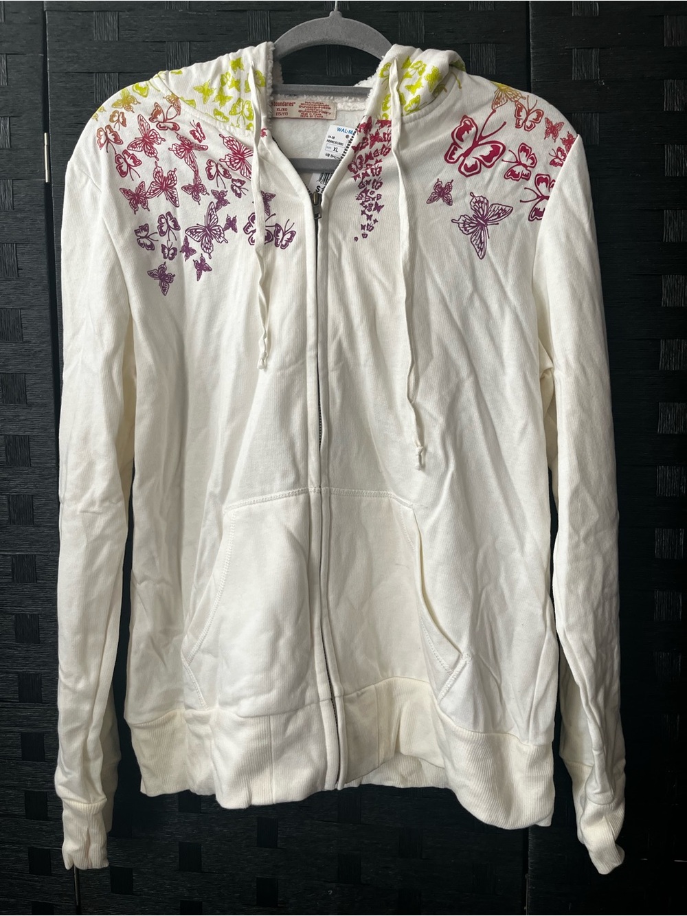 No Boundaries White Zip-Up Hoodie with Pink Butterfly Accents Size XL